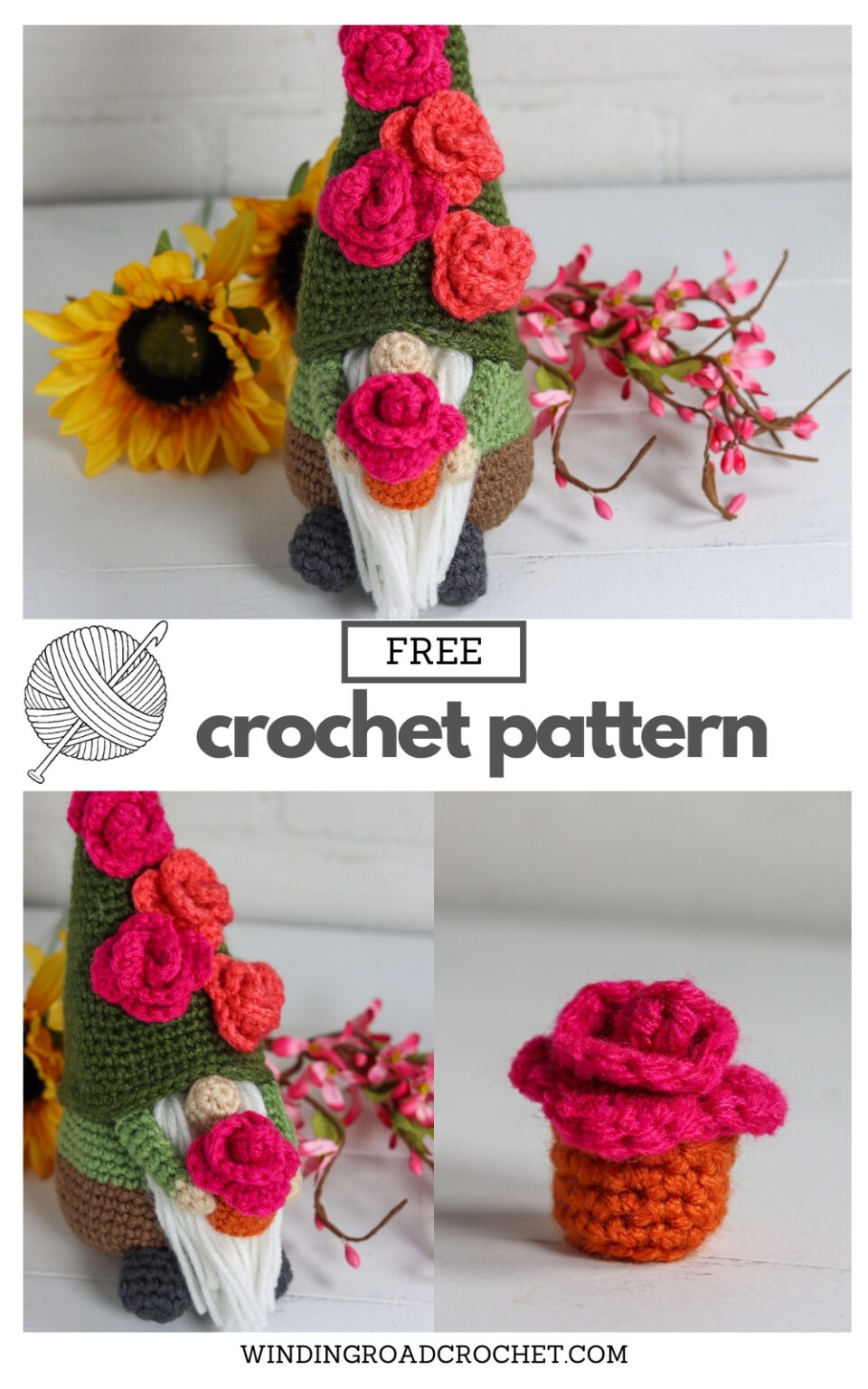 Crochet Rose Gnome Free Crochet Pattern - Winding Road Crochet